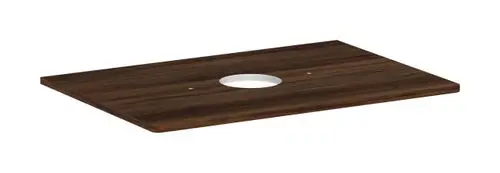 Holzplatte in Dunkelbraun mit mittigem Ausschnitt für Aufsatzwaschtisch. Geeignet für Installation mit Hansgrohe Armaturen.